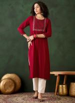 Rayon Red Office Wear Embroidery Work Readymade Kurti